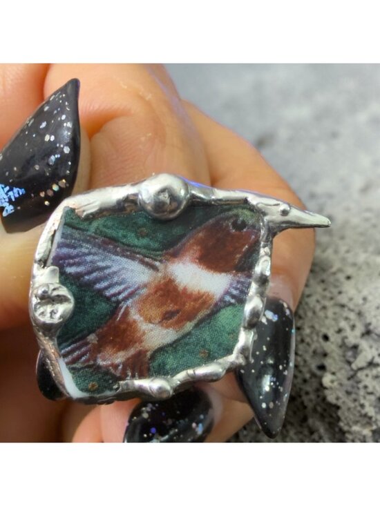 Hand Crafted Jewelry - Lena Liu Hummingbird Broken China Ring - Silver Blend Boho Metalwork Size 8 | Al